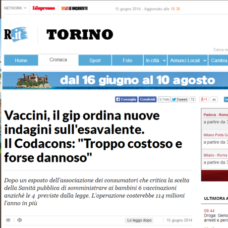 Notizia apparsa su internet: http://torino.repubblica.it/cronaca del 16 giugno 2014.