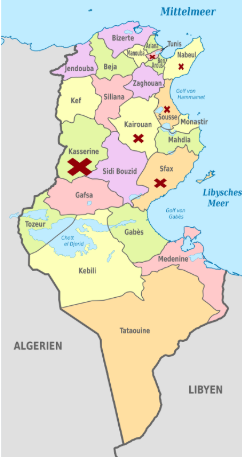 Tunisia. Governatorati interessati dall'epidemia di morbillo.